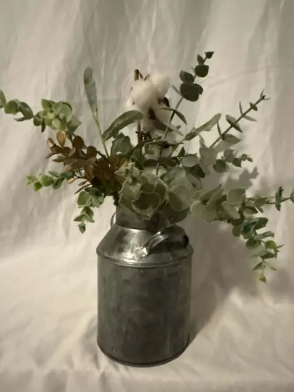 Rustic/Galvanized Metal Vase with Artificial Eucalyptus & Cotton Arrangement